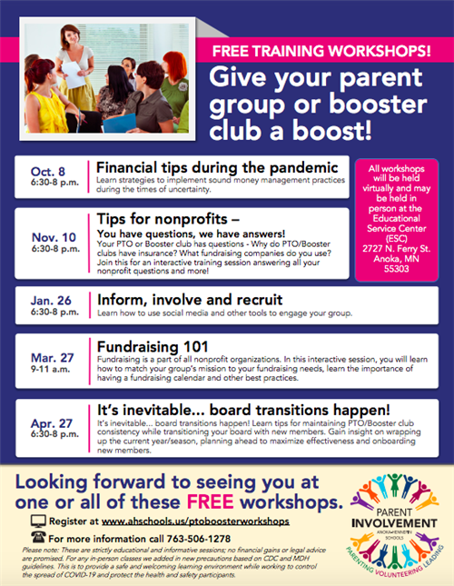 Flyer regarding free training workshops for parent groups and booster clubs 
